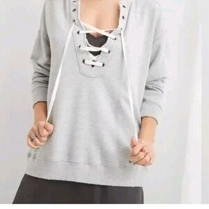 Aerie Gray Lace Up V‎ Neck Sweatshirt Pullover Oversized Women's L